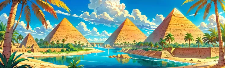 Ancient Egypt, Pyramids in the distance, anime, happy, sunny, brightly colored,, Anime style, palm trees, scenic, river, clouds, sky,