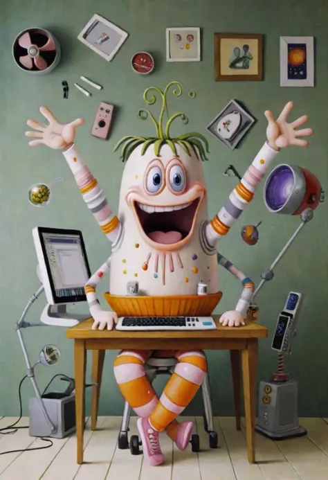 portrait of a Gromozeka, sitting from a table surrounded by various objects, in the center of the composition with arms spread out and legs crossed, on the wall a computer screen, a creative workspace, desing mascot by (nicoletta ceccoli:1.36), highest detailing