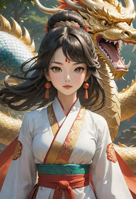 (((fantasy masterpiece:1.5))), (best quality:1.5), (ultra detailed face, ultra detailed eyes, detailed mouth, detailed body, detailed hands, ultra detailed clothes, detailed background:1.5), (aesthetic + beautiful + harmonic:1.5), (symmetrical intricate details + sharpen symmetrical details) | (((close up of dignified female martial artist with luscious hair and bright eyes, she wears an elegant hanfu while walks beside her dragon friend:1.5))