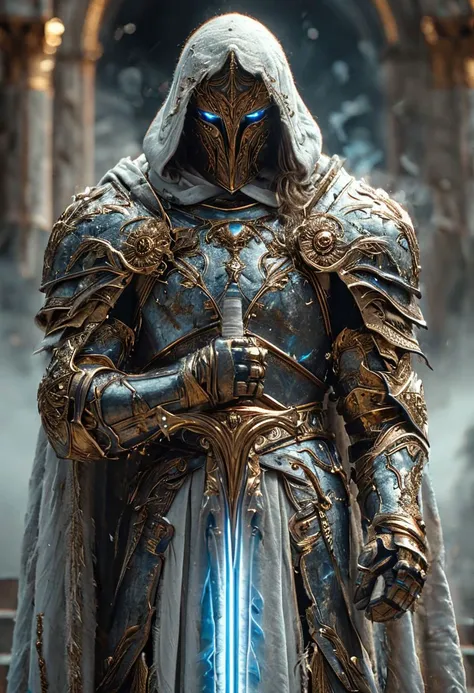 A stunning, highly detailed dark fantasy full body illustration of a proud angelical warrior wearing intricate medieval white HKStyle armor and an epic white ornamented mask, holding a great golden glowing sword, golden and blue glooming eyes, very wide shoulders, wearing big gauntlets, epic composition. The warrior stands heroic with a flowing cloak and white hood during a storm with foggy gloom, thunderclouds in the background . The scene depicts him with brooding emotional agony , style by Greg Rutkowski, by Milo Manara and Russ Mills, with insanely intricate details and textures, gloomy dramatic lighting, 8K resolution