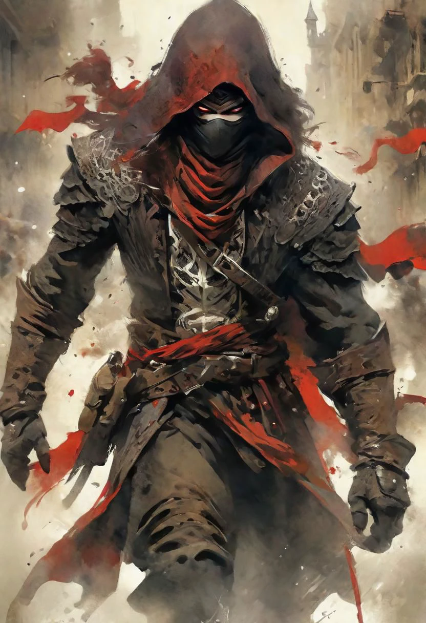 {(depiction of rogue, {dark colored masked rogue attire with intricate red details}, moving through the city towards the viewer, the next target:1.5)}({watercolored styled} impressionist masterpiece:1.5)}, (best quality:1.5), (beautiful + aesthetic + harmonic), (detailed face, detailed eyes, detailed mouth, detailed body, detailed hands, detailed clothes, detailed background:1.5), ({symmetrical intricate fantasy details + sharpen symmetrical fantasy details}:1.5)