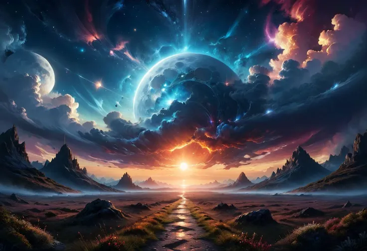 When the last moon is cast over the last star of morning
Then look into the sky where through the clouds a path is torn
Extraordinary Work, Surrealism Art, Psychedelic, Inscrutable, Mysterious, Thrilling, Dramatic, Dynamic, Fanciful, Supernatural, Soft Particles, Glare Effects, Depth of Field, Environment Occlusion, Tone Mapping, Wide range of colors, High Dynamic Range, Crystalline Clarity, (darkness:1.1), low angle, Rossdraws, Marc Simonetti, photorealistic digital painting,
many details, extreme detailed, Magnificent details, full of details, Sharp details, Insane quality. Insane resolution. Masterpiece. 32k resolution. ral-apoctvisn, ral-dissolve, zavy-rmlght,