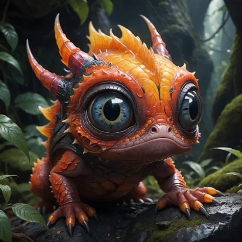 <lora:xl_more_art-full-xl:0.6>, <lora:add-detail-xl:2.0>, famous artwork (by jesper myrtos:1.2), detailed expressive eyes, fantasy style, the gummy doodlethorgle is a tiny creature that prospers in intense heat, building its assimplumized lairs in the flanks of active volcanoes on planet feebleflorm vii, here we get a good look at its scaly tail and intricate eyes as it lays in ambush to prey on the repulsive snickerdigger from the shadows of its fairyfrongled hideout, ultra high detail, ultra realistic, 8k
