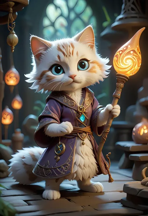 An enchanting image featuring an adorable kitten mage wearing intricate ancient robes, holding an ancient staff, hard at work in her fantastical workshop, intricate runic symbols swirling around her, it's clear that she's busy casting a powerful spell. Her fluffy tail sways gently as she concentrates on the task at hand, adding to the whimsical atmosphere of this magical scene. The soft lighting and detailed surroundings create an immersive environment where imagination runs wild. This charming artwork is sure to delight fans of both kittens and fantasy worlds alike, transporting them into a realm filled with wonder and possibility,
hyper-detailed, high quality visuals, dim Lighting, ultra-realistic, sharply focused, octane render, 8k UHD