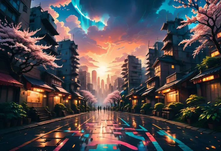 An award-winning photo of a bustling anime cityscape (anime:1.3), bathed in the warm glow of sunset (sunset:1.2). Vibrant, colorful, and full of life, with towering skyscrapers, bustling streets, and futuristic technology. Captured by the renowned anime photographer, Makoto Shinkai (Makoto Shinkai:1.5), using a high-resolution digital camera (digital camera:1.2) and a wide-angle lens (wide-angle lens:1.1). The scene is filled with dynamic characters, each with their own unique style and personality. The city is surrounded by lush greenery, with cherry blossom trees in full bloom (cherry blossom:1.0), adding a touch of natural beauty to the futuristic setting. The lighting is dramatic, casting long shadows and creating a sense of depth and atmosphere. This captivating image is trending on art platforms like ArtStation (ArtStation:1.2), showcasing the incredible talent and creativity of the anime world. aesthetic