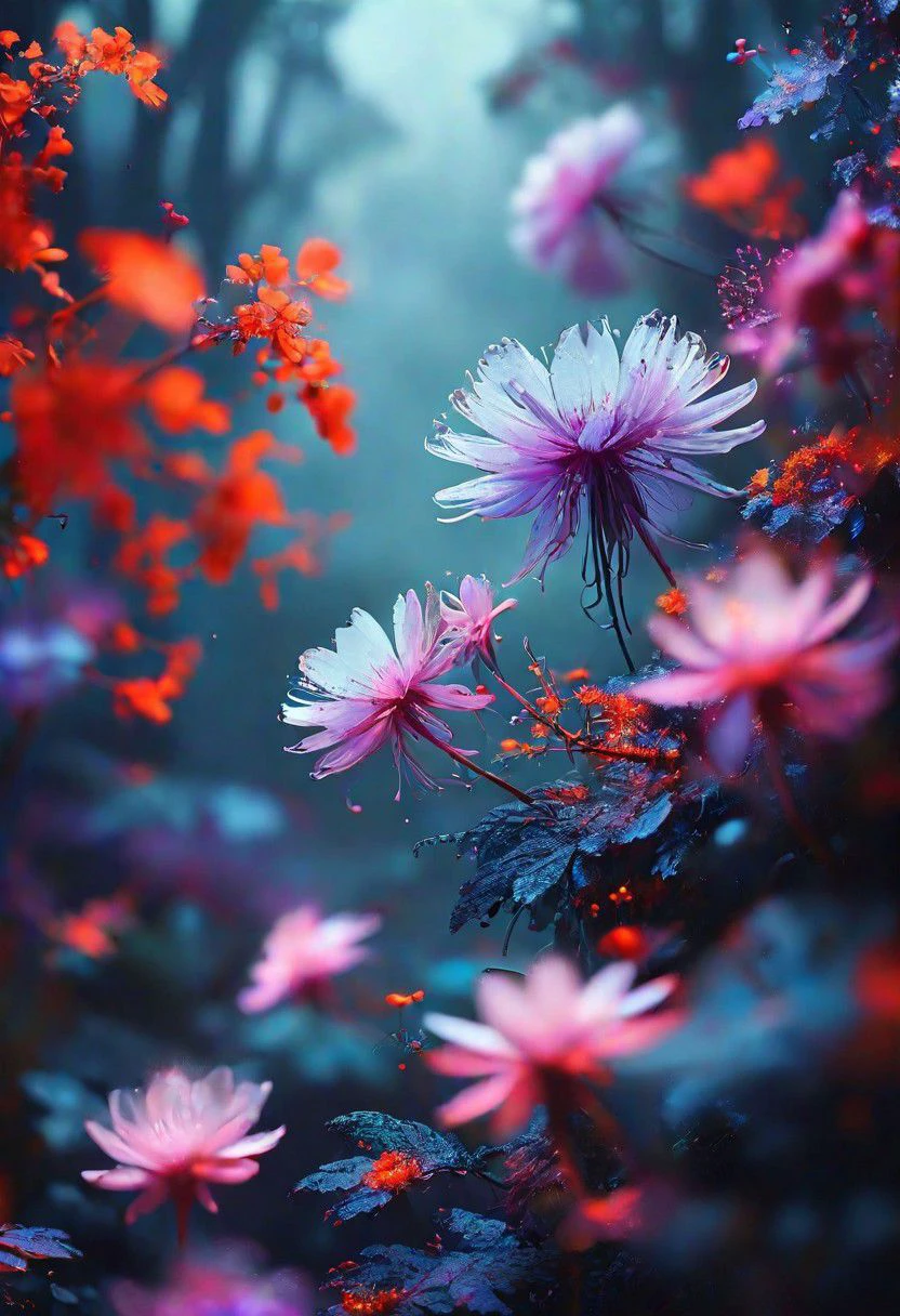 digital art, bioluminescent purple flower with red accents, fabulous night forest, mysterious, by Greg Rutkowski & Ilya Kuvshinov & Lois van Baerle, elegant, magical radiance, concept art, realistic, cinematic lighting, soft shadows, sharp focus, fractal, colorful, vivid colors, volumetric lighting, Elemental Might, Dark Fantasy, Gouache, Calligraphy, Ink, Vibrant Color Palette,<lora:xl more art-full v1:0.5>, <lora:RMSDXL Creative:0.6>, <lora:MJ52:0.4>,