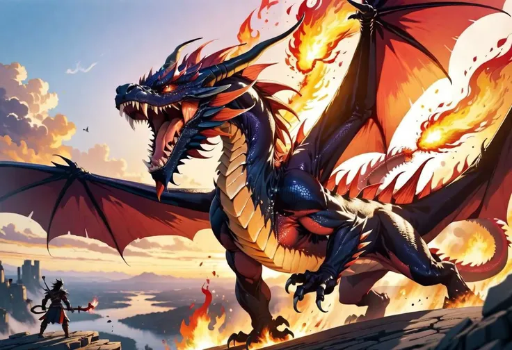 fighting dragons, sunset, fire breath