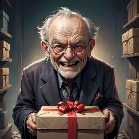 macabre style grunge style Whimsical and Playful, (masterpiece, best quality, hires, high resolution:1.2),A caricature-style illustration of a grumpy old man with gratitude and joy. His features soften, with a warm, wide smile replacing the frown. His eyes, previously narrowed in irritation, now twinkle with happiness behind his round spectacles. The gift box is open, revealing a cherished item from his past, something deeply personal and meaningful to him. The room is filled with a soft, warm light, symbolizing the change in his mood. The old man's posture is more relaxed, with a hint of tears in his eyes, touched by the thoughtful present. The atmosphere is heartwarming and uplifting, capturing a moment of genuine happiness and gratitude., imaginative, fantastical, bight colors, stylized, happy, Whimsical and Playful . textured, distressed, vintage, edgy, punk rock vibe, dirty, noisy . dark, gothic, grim, haunting, highly detailed