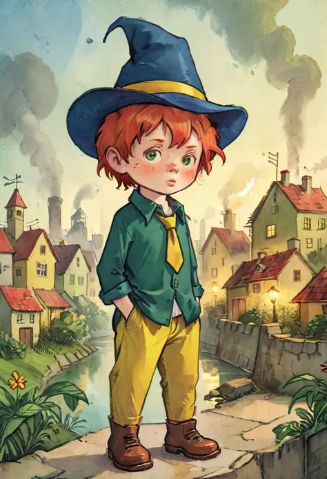 Children's book illustration of a {(chibi:1.125) ginger boy in ((very big dark-blue hat)), (red oversize shirt, long green tie, yellow pants, short boots, empty hands), Insecure pose}, (detailed city landscape background:1.25), by (Genrih Valk:1.36), 4k textures, ultra detailed, trending in artstation