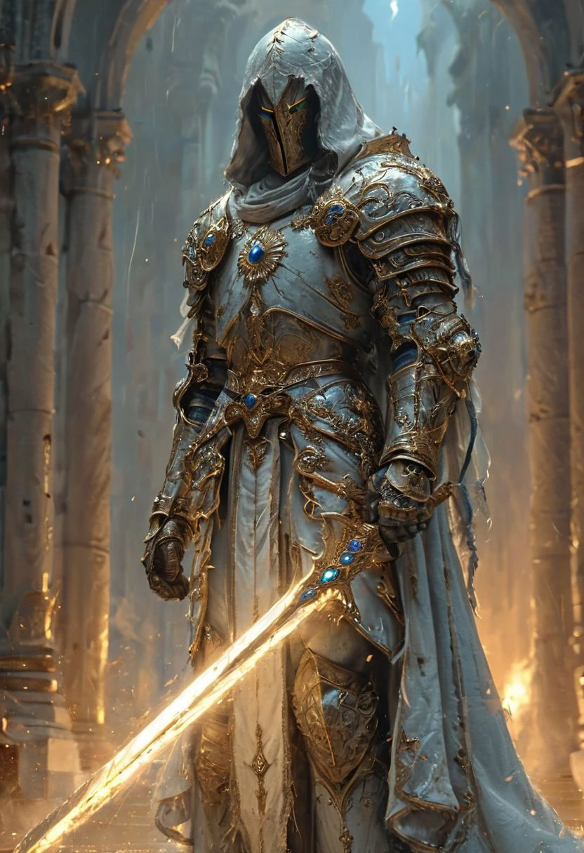 A stunning, highly detailed dark fantasy full body illustration of a proud angelical warrior wearing intricate medieval white HKStyle armor and an epic white ornamented mask, holding a great golden glowing sword, golden and blue glooming eyes, very wide shoulders, wearing big gauntlets, epic composition. The warrior stands heroic with a flowing cloak and white hood during a storm with foggy gloom, thunderclouds in the background . The scene depicts him with brooding emotional agony , style by Greg Rutkowski, by Milo Manara and Russ Mills, with insanely intricate details and textures, gloomy dramatic lighting, 8K resolution