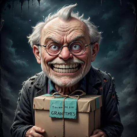 macabre style grunge style Whimsical and Playful, (masterpiece, best quality, hires, high resolution:1.2),A caricature-style illustration of a grumpy old man with gratitude and joy. His features soften, with a warm, wide smile replacing the frown. His eyes, previously narrowed in irritation, now twinkle with happiness behind his round spectacles. The gift box is open, revealing a cherished item from his past, something deeply personal and meaningful to him. The room is filled with a soft, warm light, symbolizing the change in his mood. The old man's posture is more relaxed, with a hint of tears in his eyes, touched by the thoughtful present. The atmosphere is heartwarming and uplifting, capturing a moment of genuine happiness and gratitude. <lora:TophatPanda_horror:1>, imaginative, fantastical, bight colors, stylized, happy, Whimsical and Playful . textured, distressed, vintage, edgy, punk rock vibe, dirty, noisy . dark, gothic, grim, haunting, highly detailed