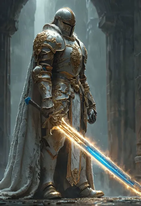 A stunning, highly detailed dark fantasy full body illustration of a proud angelical warrior wearing intricate medieval white HKStyle armor and an epic white ornamented mask, holding a great golden glowing sword, golden and blue glooming eyes, very wide shoulders, wearing big gauntlets, epic composition. The warrior stands heroic with a flowing cloak and white hood during a storm with foggy gloom, thunderclouds in the background . The scene depicts him with brooding emotional agony , style by Greg Rutkowski, by Milo Manara and Russ Mills, with insanely intricate details and textures, gloomy dramatic lighting, 8K resolution