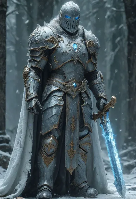 A stunning dynamic pose, 2handed war hammer highly detailed dark fantasy full body illustration of a mystic MAN. he walks in frost mountain, big gems in each shoulder and chest,frost god,crown dark HKStyle armor, crown helmet,cracked armor, cracked , cristal frost, photorealist, A stunning, highly detailed dark fantasy full body illustration of a proud demonic warrior wearing intricate medieval HKStyle armor and an epic ornamented mask, (holding a great frost glowing big 2handed war hammer) , cape, light blue glooming eyes, very wide shoulders, wearing big gauntlets, (frost aura around body:1.8),epic composition. The warrior stands heroic with a flowing cloak during a blizzard with foggy gloom, blizzard in the background . The scene depicts him with brooding emotional agony , style by Greg Rutkowski, by Milo Manara and Russ Mills, with insanely intricate details and textures, gloomy dramatic lighting, 8K resolution