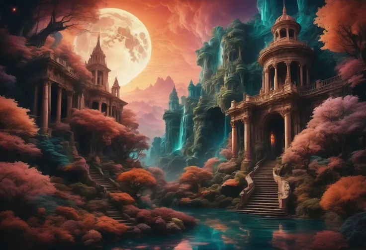 Capture the enchanting beauty of a mystical realm under a starlit sky. Illuminate the scene with (magical:1.3) moonlight, (glowing:1.2) flora, and (ethereal:1.1) creatures. Emphasize the (majestic:1.2) architecture, (intricate:1.3) details, and (vibrant:1.1) colors. Inspired by the works of (Alexandre Deschaumes:1.4) and (J.R.R. Tolkien:1.3). aesthetic