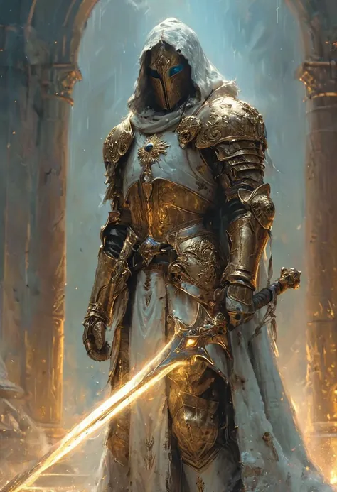 A stunning, highly detailed dark fantasy full body illustration of a proud angelical warrior wearing intricate medieval white HKStyle armor and an epic white ornamented mask, holding a great golden glowing sword, golden and blue glooming eyes, very wide shoulders, wearing big gauntlets, epic composition. The warrior stands heroic with a flowing cloak and white hood during a storm with foggy gloom, thunderclouds in the background . The scene depicts him with brooding emotional agony , style by Greg Rutkowski, by Milo Manara and Russ Mills, with insanely intricate details and textures, gloomy dramatic lighting, 8K resolution