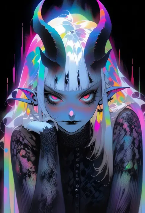 pale demon girl , prismatic coloring, holographic vibe, chromatic black lace blouse, gothic background, (long straight horns:1.2)