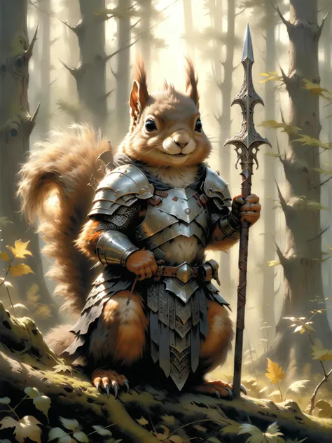 <lora:xl_more_art-full-xl:0.8>, <lora:add-detail-xl:2.0>, by jean-baptiste monge and alan lee, little anthropomorphic squirrel with a large bushy tail is holding a masterfully crafted long spear with a narrow tip, (wearing intricate ornate plate armor, breast plate:1.3) and a dark woolen cloak, lush forest, crepuscular rays, fantasy art, intricate details, dramatic angle, atmospheric particles, real, cinematic photorealism, 8k, ultra detailed