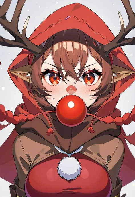 an angry reindeer, red nose 
best quality, aesthetic, anime,