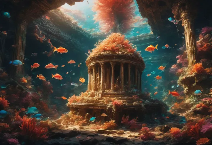 Masterpiece, highest quality, serene, (vibrant colors:1.2) underwater world with (exotic marine life:1.3), (sunlight:1.1) filtering through the water, (coral reefs:1.2) in the background, (majestic:1.1) sunken ruin standing gracefully, (schools of colorful fish:1.2) creating a mesmerizing display, captured by (David Doubilet:1.3) with a (Nikon D850:1.2) camera, (wide-angle lens:1.1), (crystal clear:1.2) details, (subtle:1.1) play of light and shadows, (peaceful:1.1) ambiance. aesthetic