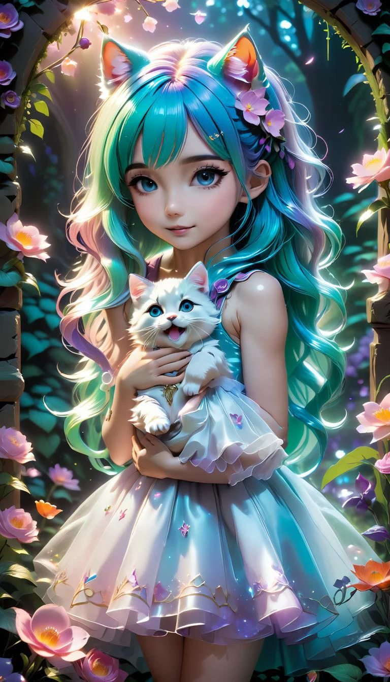 A captivating kittengirl with vibrant neon hair holds a kitten close to her heart, 1girl, enchanting and mysterious gaze draws the viewer into this fantastical world, where they find themselves standing amidst an intricate flower garden filled with stunning blooms of every color imaginable, soft shadows dance across the ground while soft highlights illuminate the delicate petals around them, 3d anime masterpiece is a testament to both artistry and technical prowess, showcasing professional-grade detail that would be worthy of any award ceremony, yamer style, <lora:xl_more_art-full_v1:0.8> <lora:xl_yamer_style-2.0:0.8> <lora:xl_yamer_style-2.0:1>