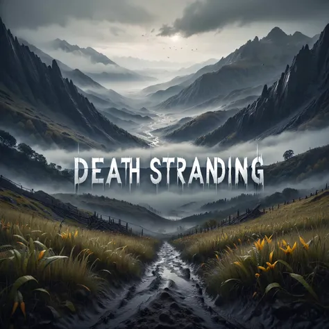 HDR photo of Dystopian style "death STrAndInG" text logo,mountains and hills,muddy,moody,foggy,wet,flora,<lora:Harrlogos_v2.0:1>, . Bleak . High dynamic range