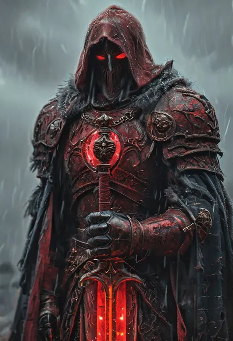 A stunning, highly detailed dark fantasy full body illustration of a proud demonic warrior wearing intricate medieval black HKStyle armor and an epic black ornamented mask, holding a great crimson glowing spear , cape, red glooming eyes, very wide shoulders, wearing big gauntlets, crimson aura around body,epic composition. The warrior stands heroic with a flowing cloak and black hood during a storm with foggy gloom, thunderclouds in the background . The scene depicts him with brooding emotional agony , style by Greg Rutkowski, by Milo Manara and Russ Mills, with insanely intricate details and textures, gloomy dramatic lighting, 8K resolution