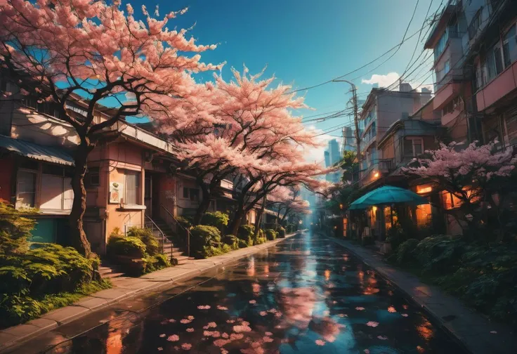 An award-winning photo of a bustling anime cityscape (anime:1.3), bathed in the warm glow of sunset (sunset:1.2). Vibrant, colorful, and full of life, with towering skyscrapers, bustling streets, and futuristic technology. Captured by the renowned anime photographer, Makoto Shinkai (Makoto Shinkai:1.5), using a high-resolution digital camera (digital camera:1.2) and a wide-angle lens (wide-angle lens:1.1). The scene is filled with dynamic characters, each with their own unique style and personality. The city is surrounded by lush greenery, with cherry blossom trees in full bloom (cherry blossom:1.0), adding a touch of natural beauty to the futuristic setting. The lighting is dramatic, casting long shadows and creating a sense of depth and atmosphere. This captivating image is trending on art platforms like ArtStation (ArtStation:1.2), showcasing the incredible talent and creativity of the anime world. aesthetic