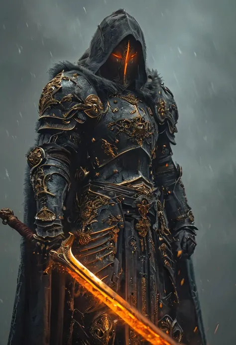 A stunning, highly detailed dark fantasy full body illustration of a proud demonic warrior wearing intricate medieval black HKStyle armor and an epic black ornamented mask, holding a great golden glowing sword, golden and redorange gloomy eyes, very wide shoulders, wearing big gauntlets, epic composition. The warrior stands heroic with a flowing cloak and black hood during a storm with foggy gloom, thunderclouds in the background ., with insanely intricate details and textures, gloomy dramatic lighting, 8K resolution