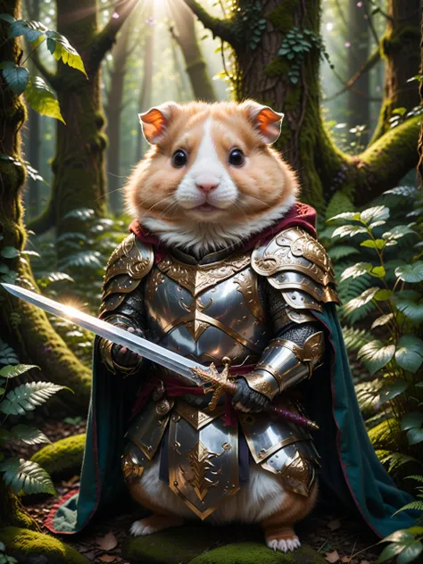 <lora:add-detail-xl:2.2>, <lora:style-envyhazesliderxl01-xl:0.8>, <lora:xl_more_art-full-xl:0.6>, extremely detailed fur, (holding a gleaming ornate sword:1.85), image of a wise old veteran hamster warrior wearing (shiny intricate armor:1.4) and a dark woolen cloak, haze, sparkles, glow effects, crepuscular rays, raw photo, 8k, true 4k, cinematic style, rim lighting, front light, spot light, perfect lighting, chiaroscuro, professional photoshoot, intricate, ultra detailed, in an overgrown enchanted forest, moss, (beautiful flowers:1.3), ferns and vines, extremely detailed background, light shafts, bokeh, hasselblad, 70mm, f/2, 35mm, raw photo, schneider super cinelux