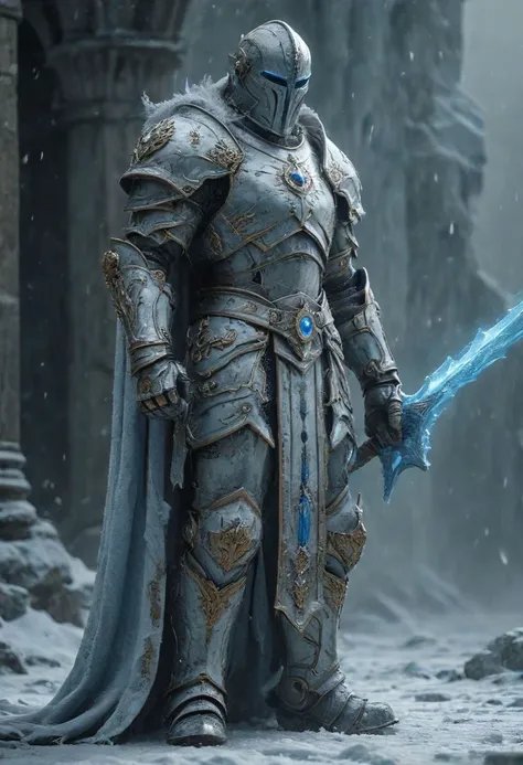 A stunning dynamic pose, 2handed war hammer highly detailed dark fantasy full body illustration of a mystic MAN. he walks in frost mountain, big gems in each shoulder and chest,frost god,crown dark HKStyle armor, crown helmet,cracked armor, cracked , cristal frost, photorealist, A stunning, highly detailed dark fantasy full body illustration of a proud demonic warrior wearing intricate medieval HKStyle armor and an epic ornamented mask, (holding a great frost glowing big 2handed war hammer) , cape, light blue glooming eyes, very wide shoulders, wearing big gauntlets, (frost aura around body:1.8),epic composition. The warrior stands heroic with a flowing cloak during a blizzard with foggy gloom, blizzard in the background . The scene depicts him with brooding emotional agony , style by Greg Rutkowski, by Milo Manara and Russ Mills, with insanely intricate details and textures, gloomy dramatic lighting, 8K resolution