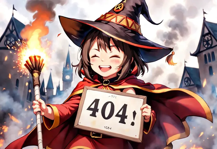 megumin, smiling with closed eyes, ^_^, symmetric face, perfect face, witch hat, cape, staff, explosions and smoke in the background, holding a sign saying "404"