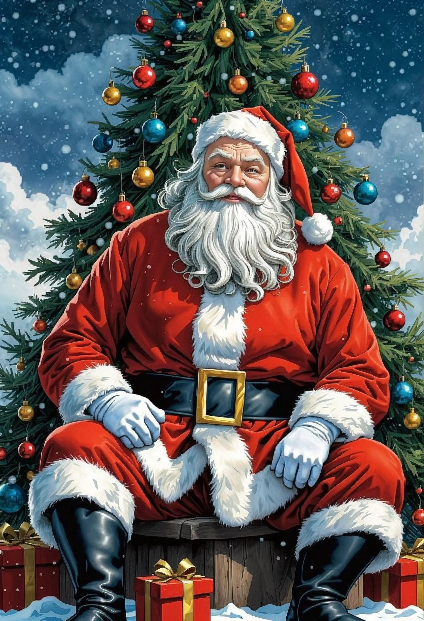 ASCIIClose-up comic book illustration of a Santa Claus, winter coat, sits in front of a Christmas tree in the snow, cloudy sky, Masterpiece by (Marc Davis:1.36), best quality, 4k textures, ultra detailed