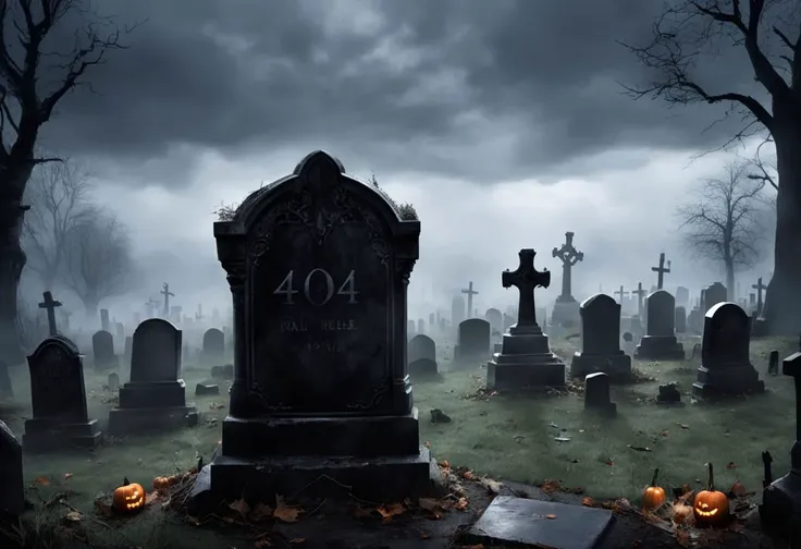 Dark Moody Atmosphere, tombstone in cemetary showing "404", <lora:Harrlogos_v2.0:1> <lora:xl_more_art-full_v1:0.8>, dramatic, halloween, mysterious, dark moody atmosphere