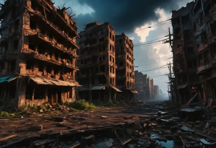 Create a dystopian cityscape at dusk, (desolate:1.2) and abandoned, with crumbling buildings, (ominous:1.3) dark clouds, (toxic:1.2) atmosphere, (post-apocalyptic:1.4) ruins, (decaying:1.3) infrastructure, and (eerie:1.2) silence. Inspired by the works of Akira Yoshizawa and Hayao Miyazaki. aesthetic