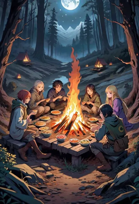 Anime, colorful, very detailed, intricate detail, concept art, good composition, fantasy, Vanishing point, a group of adventure(5 fantasy characters ) eating in front of a bonfire, forest, night, full-moon-mountains