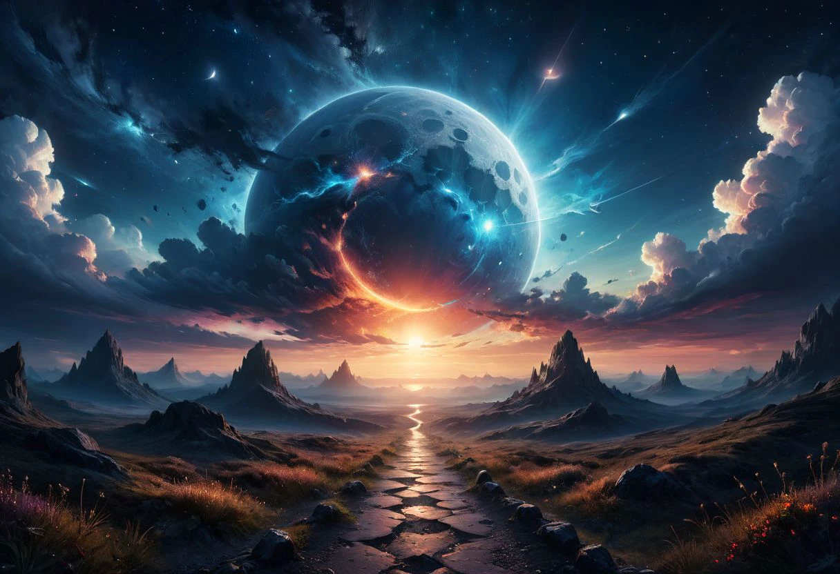 When the last moon is cast over the last star of morning
Then look into the sky where through the clouds a path is torn
Extraordinary Work, Surrealism Art, Psychedelic, Inscrutable, Mysterious, Thrilling, Dramatic, Dynamic, Fanciful, Supernatural, Soft Particles, Glare Effects, Depth of Field, Environment Occlusion, Tone Mapping, Wide range of colors, High Dynamic Range, Crystalline Clarity, (darkness:1.1), low angle, Rossdraws, Marc Simonetti, photorealistic digital painting,
many details, extreme detailed, Magnificent details, full of details, Sharp details, Insane quality. Insane resolution. Masterpiece. 32k resolution. ral-apoctvisn, ral-dissolve, zavy-rmlght,