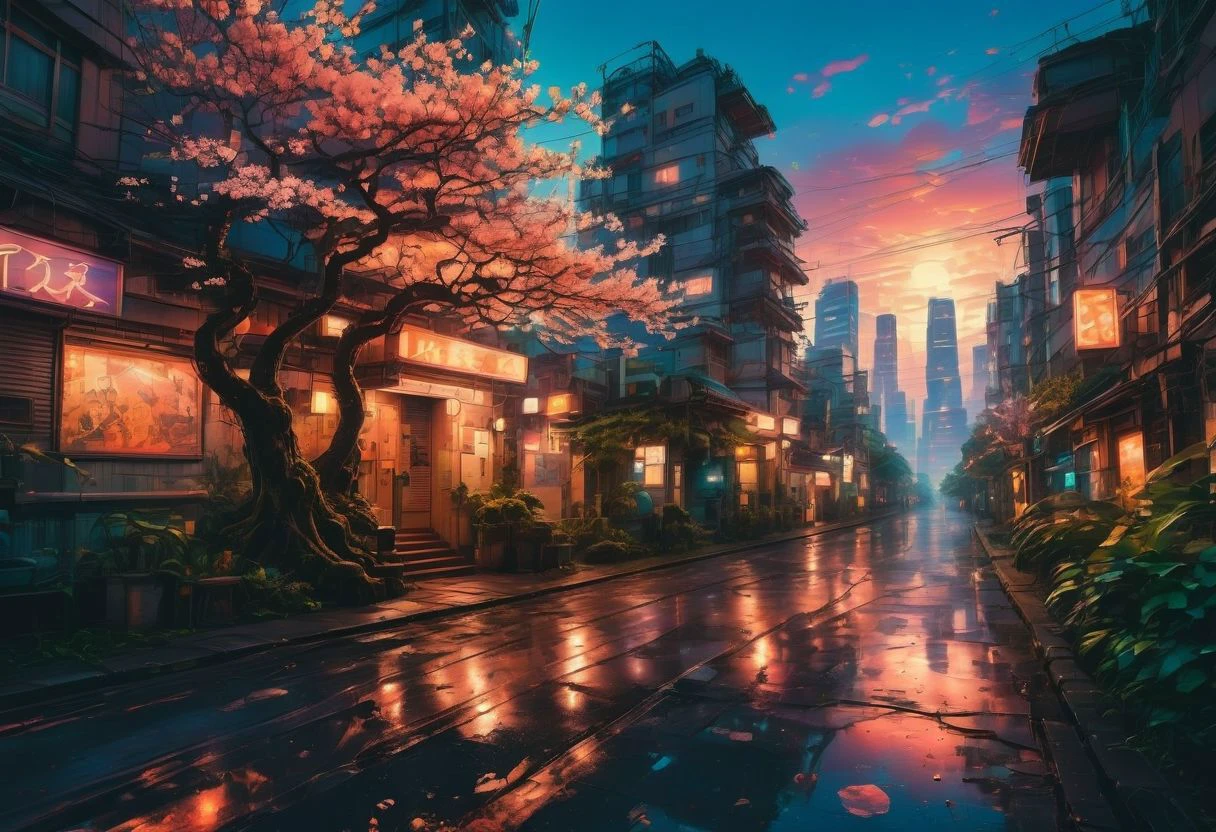 An award-winning photo of a bustling anime cityscape (anime:1.3), bathed in the warm glow of sunset (sunset:1.2). Vibrant, colorful, and full of life, with towering skyscrapers, bustling streets, and futuristic technology. Captured by the renowned anime photographer, Makoto Shinkai (Makoto Shinkai:1.5), using a high-resolution digital camera (digital camera:1.2) and a wide-angle lens (wide-angle lens:1.1). The scene is filled with dynamic characters, each with their own unique style and personality. The city is surrounded by lush greenery, with cherry blossom trees in full bloom (cherry blossom:1.0), adding a touch of natural beauty to the futuristic setting. The lighting is dramatic, casting long shadows and creating a sense of depth and atmosphere. This captivating image is trending on art platforms like ArtStation (ArtStation:1.2), showcasing the incredible talent and creativity of the anime world. aesthetic