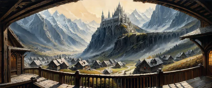 painting, American Scene Painting, landscape of a Striking Minas Tirith from inside of a Chalet, dense mountains, Hazy conditions, Cel shaded, Screaming, absurdres, [ (art by Emil Ferris:0.9) , (art by Frank Lloyd Wright:0.9) ,art by Junji Ito::1],  <lora:sdxl-add-detail-xl:0.8>,  <lora:xl_more_art-full_v1:0.8>