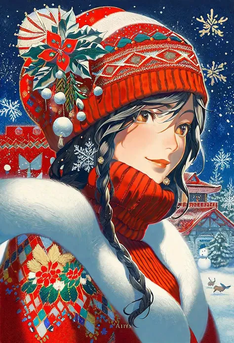 by reiko, by oda non
1girl  detailed face 
a magical winter wonderland at night, an exquisite snow maiden appears, wearing christmassweater, red theme