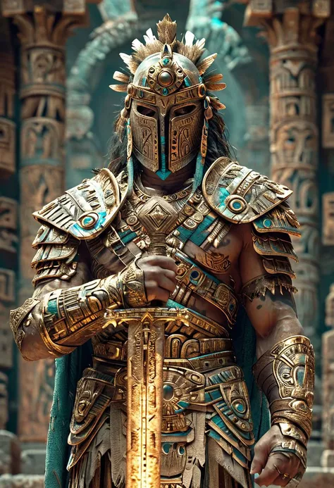 man stands,native Aztec inspired, ancient Aztec empire, edgy elements, ancient american azetc ,Quetzalcoatl inspired , gothic accessories, incorporating traditional american inca
,,holding a sword,mask,colorfull,glowing ,,character,vibrant colors and depth, showcasing