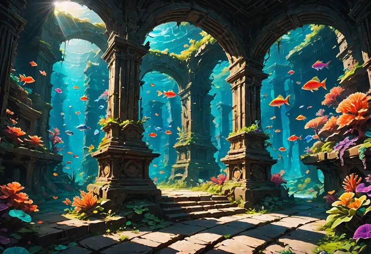 Masterpiece, highest quality, serene, (vibrant colors:1.2) underwater world with (exotic marine life:1.3), (sunlight:1.1) filtering through the water, (coral reefs:1.2) in the background, (majestic:1.1) sunken ruin standing gracefully, (schools of colorful fish:1.2) creating a mesmerizing display, captured by (David Doubilet:1.3) with a (Nikon D850:1.2) camera, (wide-angle lens:1.1), (crystal clear:1.2) details, (subtle:1.1) play of light and shadows, (peaceful:1.1) ambiance. aesthetic