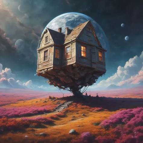 small house, floating alone in empty space, in space, orbiting earth in the background, earth satellite, fantasy, intricate details, photo-realistic, depth of field, masterpiece, distant shot, artistic, colourful