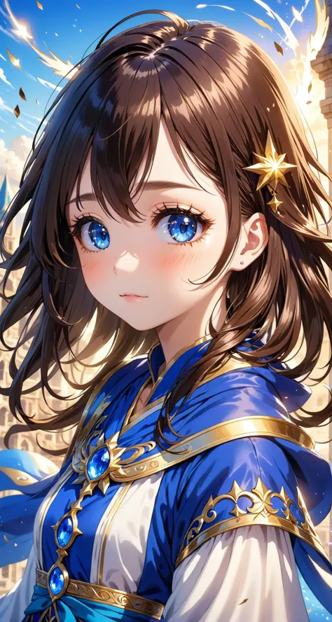 (close up:1.9), a (scared:1.8) teenage girl (long bob brunette hair:1.1), battlefield, blue and white mage robes, golden accents, spells flying in the background, particles, fantasy bright sky, <lora:DetailedEyes_V3:1> ,<lora:add_detail:1>