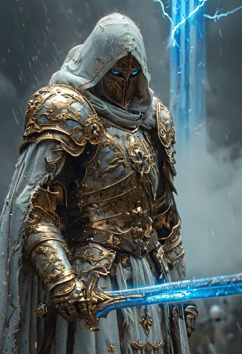 A stunning, highly detailed dark fantasy full body illustration of a proud warrior wearing intricate medieval white HKStyle armor and an epic white ornamented mask, holding a great golden and blue glowing sword, golden and blue glooming eyes, very wide shoulders, wearing big gauntlets, epic composition. The warrior stands heroic with a flowing cloak and white hood during a storm with foggy gloom, thunderclouds in the background . The scene depicts him with brooding emotional agony , style by Greg Rutkowski, by Milo Manara and Russ Mills, with insanely intricate details and textures, gloomy dramatic lighting, 8K resolution