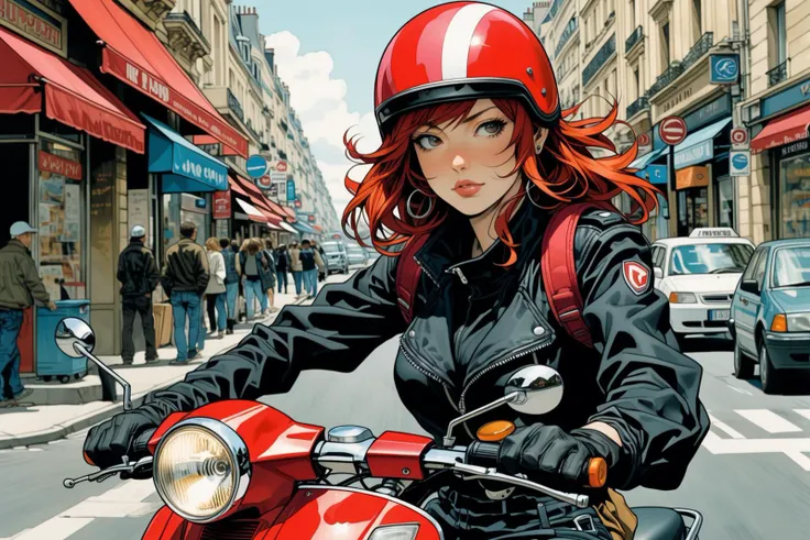 Closeup of a French woman in a red helmet, riding a scooter on the street of Paris. style by Masamune Shirow.