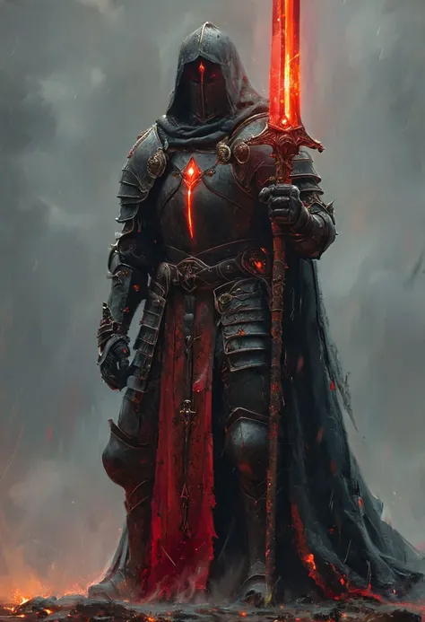 A stunning, highly detailed dark fantasy full body illustration of a proud demonic warrior wearing intricate medieval black HKStyle armor and an epic black ornamented mask, (holding a great crimson glowing spear) , cape, red glooming eyes, very wide shoulders, wearing big gauntlets, (crimson aura around body:1.5),epic composition. The warrior stands heroic with a flowing cloak and black hood during a storm with foggy gloom, thunderclouds in the background . The scene depicts him with brooding emotional agony , style by Greg Rutkowski, by Milo Manara and Russ Mills, with insanely intricate details and textures, gloomy dramatic lighting, 8K resolution