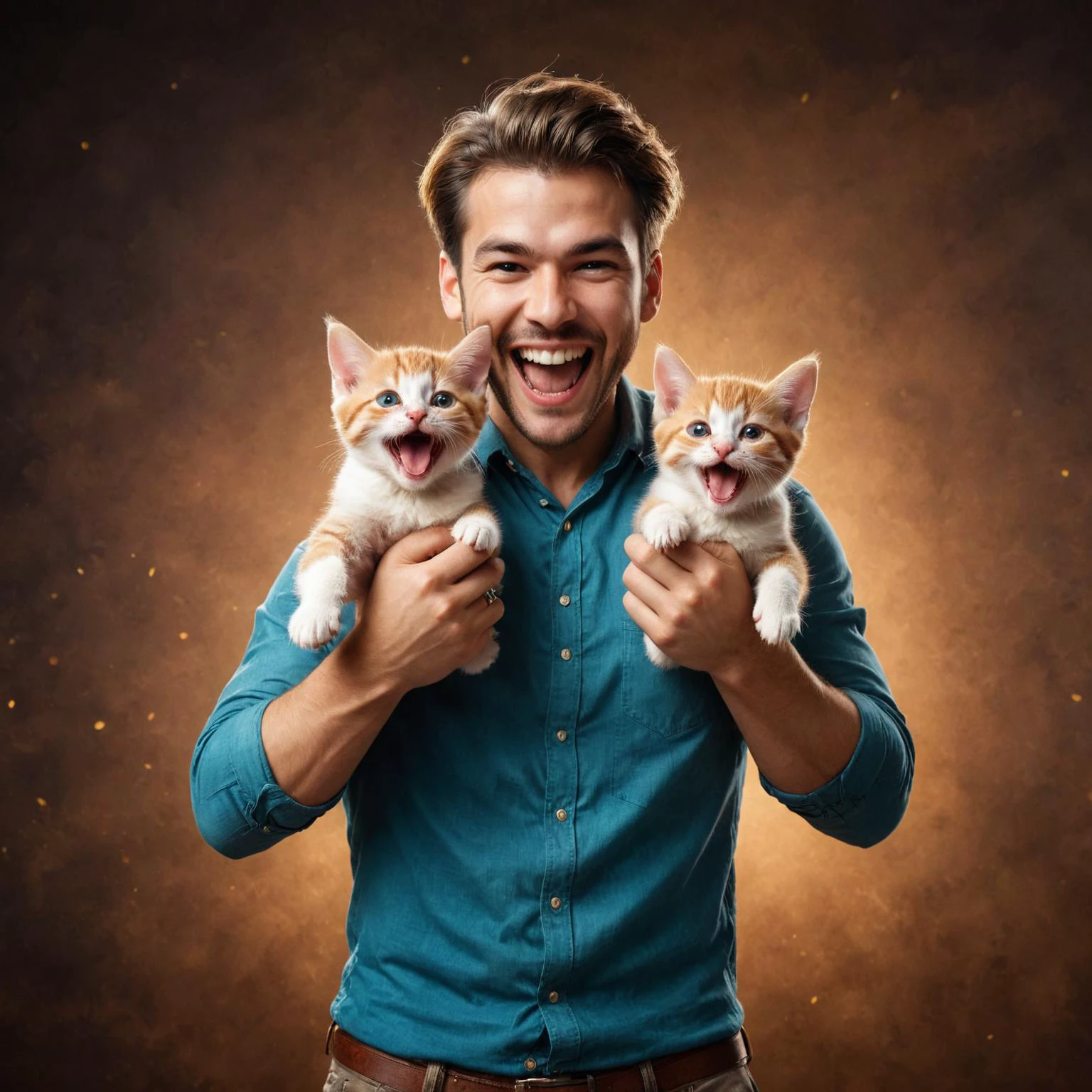 cinematic photo by ((( Rolf Armstrong ) and Bess Hamiti ) and Ross Tran ) and Mikko Lagerstedt of man holding up two cute kittens while laughing maniacally, dual wielding kittens <lora:happy:0.25><lora:maniacal_laughter:1.75><lora:dual_pistols:0.35> <lora:more_art:0.30> <lora:midjourney:-0.15> <lora:RMSDXL_Enhance:0.50> <lora:RMSDXL_Creative:0.50> <lora:RMSDXL_Photo:0.50> <lora:RMSDXL_Darkness_Cinema:0.50> <lora:clothing_slider:2.00> <lora:great_lighting:1.50> <lora:aesthetic:1.50> <lora:photorealistic_portrait:1.50> <lora:extremely_detailed:1.50> <lora:dpo:0.25> <lora:perfect_hands:0.50>