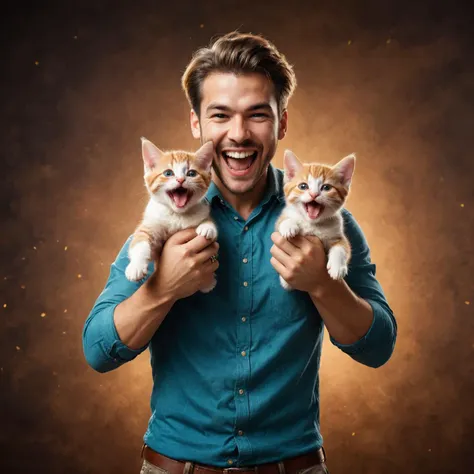 cinematic photo by ((( Rolf Armstrong ) and  Bess Hamiti ) and  Ross Tran ) and  Mikko Lagerstedt  of  man holding up two cute kittens while laughing maniacally, dual wielding kittens <lora:happy:0.25><lora:maniacal_laughter:1.75><lora:dual_pistols:0.35>  <lora:more_art:0.30> <lora:midjourney:-0.15> <lora:RMSDXL_Enhance:0.50> <lora:RMSDXL_Creative:0.50> <lora:RMSDXL_Photo:0.50> <lora:RMSDXL_Darkness_Cinema:0.50> <lora:clothing_slider:2.00> <lora:great_lighting:1.50> <lora:aesthetic:1.50> <lora:photorealistic_portrait:1.50> <lora:extremely_detailed:1.50> <lora:dpo:0.25> <lora:perfect_hands:0.50>