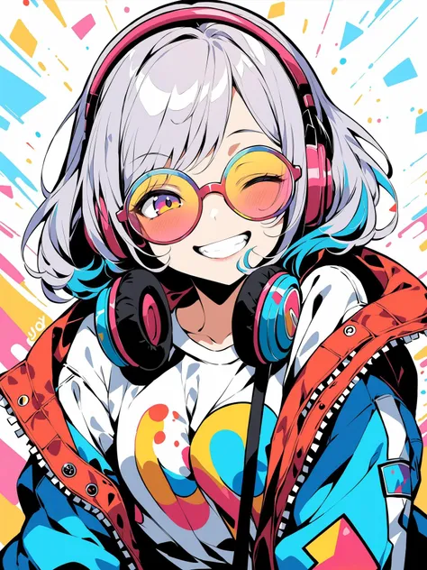 (masterpiece, best quality:1.3, colorful:1.3), 1girl, pop art clothes, oversize jacket, winking, small smile, joy, fun art style, headphones, tinted circular glasses, looking at viewer,