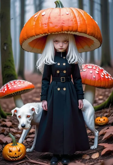 autumn orange forest, elf child,ed pumpkin head, black trench coat, Irish wolfhound, frogs and fly agaric mushrooms on ground, by alan m clark and the brothers hildebrandt, orange demon girl with lethargic sleepy smoky eyes, white curls , insect eyes, antenna , mesh fishnet blouse, (long intricate horns:1.2)